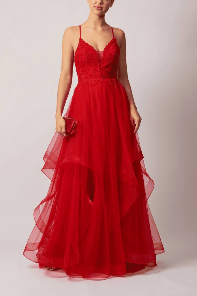 Mascara MC110125 Tulle Ballgown in vibrant red with lace bodice and layered tulle skirt, ideal for prom or red carpet events.