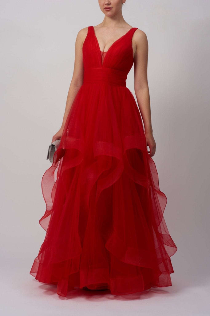 Mascara London MC11207 red tiered tulle princess ballgown with deep V neckline and layered skirt, ideal for prom or formal events.