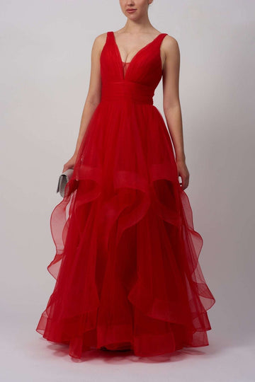 Mascara London MC11207 red tiered tulle princess ballgown with deep V neckline and layered skirt, ideal for prom or formal events.