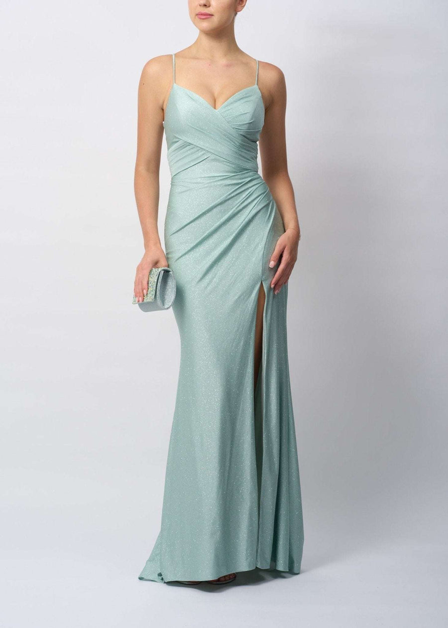 Mint Green Gown with corset back and thigh-high split, featuring pleated bodice and glitter finish. Ideal for prom, bridesmaids, or red carpet events.
