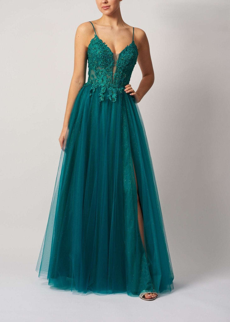 Mascara MC11313 Ballgown in forest green tulle with floral lace bodice, glitter details, and thigh-high slit. Elegant prom or evening dress.