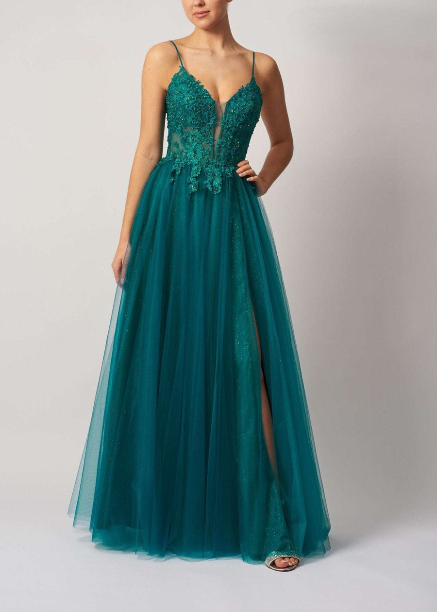Mascara MC11313 Ballgown in forest green tulle with floral lace bodice, glitter details, and thigh-high slit. Elegant prom or evening dress.