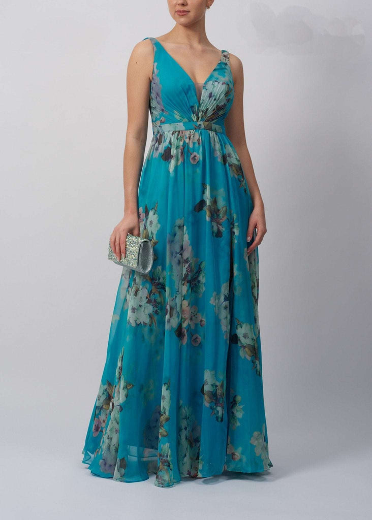 Chiffon Dress MC11314 in steele blue with floral print, V-neckline, and flowing skirt, ideal for formal events and summer weddings.