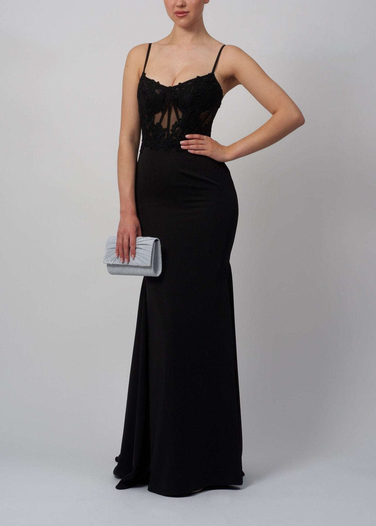 front view of a model black corset dress