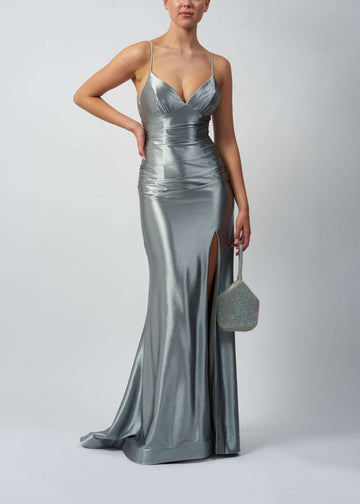 Satin Tie Back Prom Dress in sage green with plunging V-neck, leg slit, and floor-length train. Fitted silhouette ideal for formal events or prom 2025.