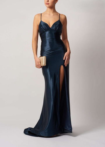 Mascara Ink Blue Satin Tie Back Dress with plunging V-neckline, thigh-high slit, and fitted silhouette, ideal for Prom 2025 at Cargo Clothing.