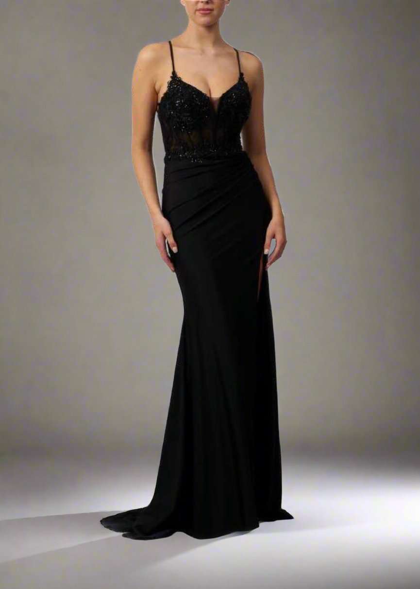 Mascara MC11324 Black Corset Fitted Prom Dress with beaded bodice, plunging neckline, and sleek floor-length skirt, ideal for black tie galas.