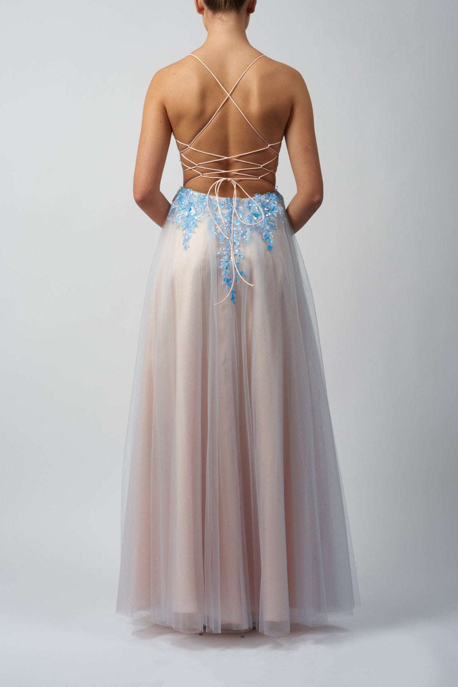 Mascara London MC11325 Two Tone Tulle Prom Dress in Lilac & Peach with backless lace-up design and floral embroidery on waistband. Elegant formal gown for prom or bridesmaids.