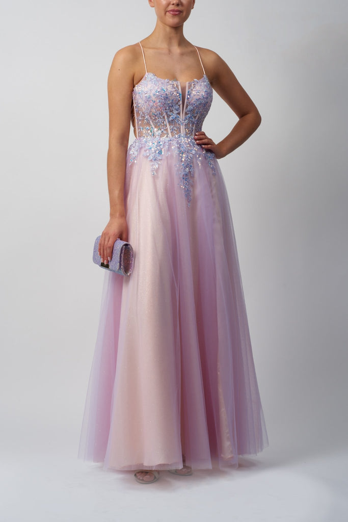Mascara London MC11325 Two Tone Tulle Prom Dress in lilac and peach with floral appliqué bodice, sheer panels, and flowing ballgown skirt.