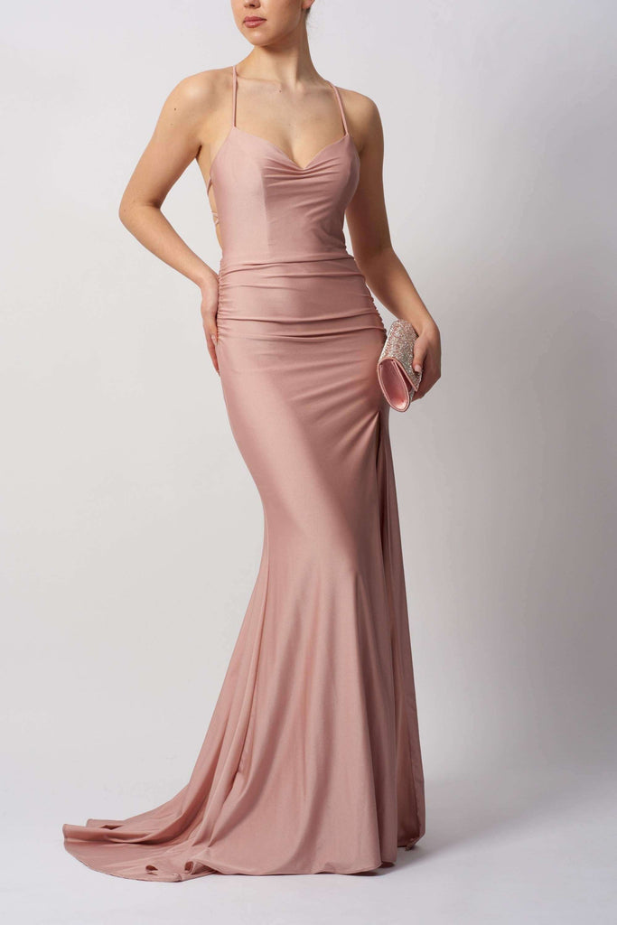 Blush pink Mascara MC11332 Cross Back Jersey Dress with flattering fit and soft drape, designed for comfort and elegance at special events.