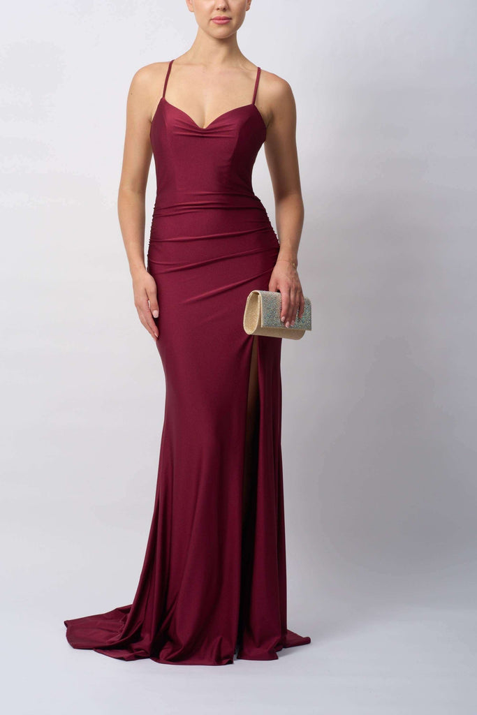 Burgundy Mascara Cross Back Jersey Dress MC11332 with sweetheart neckline and side slit, offering a sleek, comfortable fit for prom or bridesmaids.