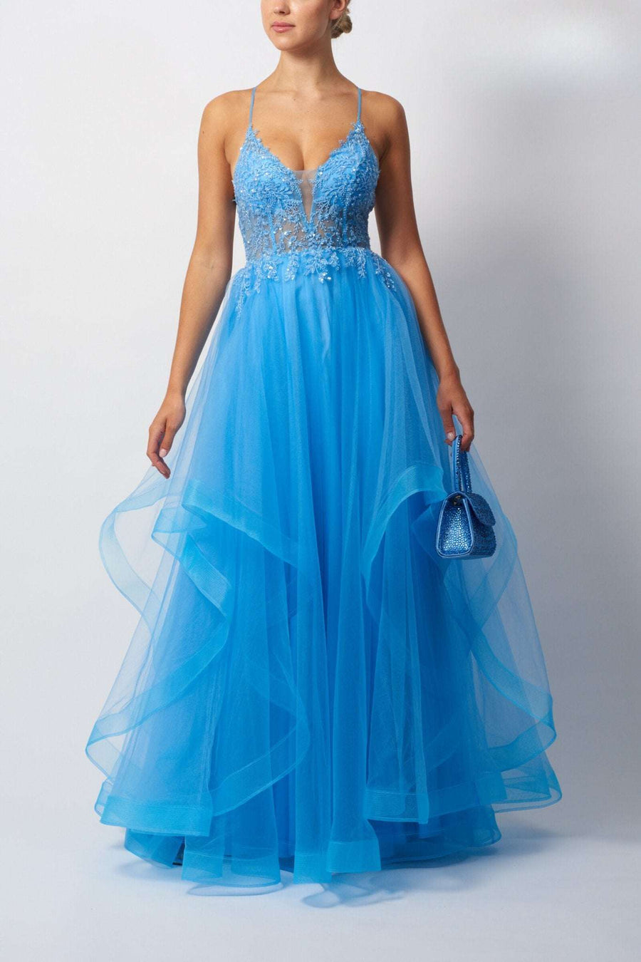 Mascara Powder Blue Tiered Tulle Dress with Embroidered Corset featuring a plunging neckline and floral embellishments, ideal for prom or bridesmaids.