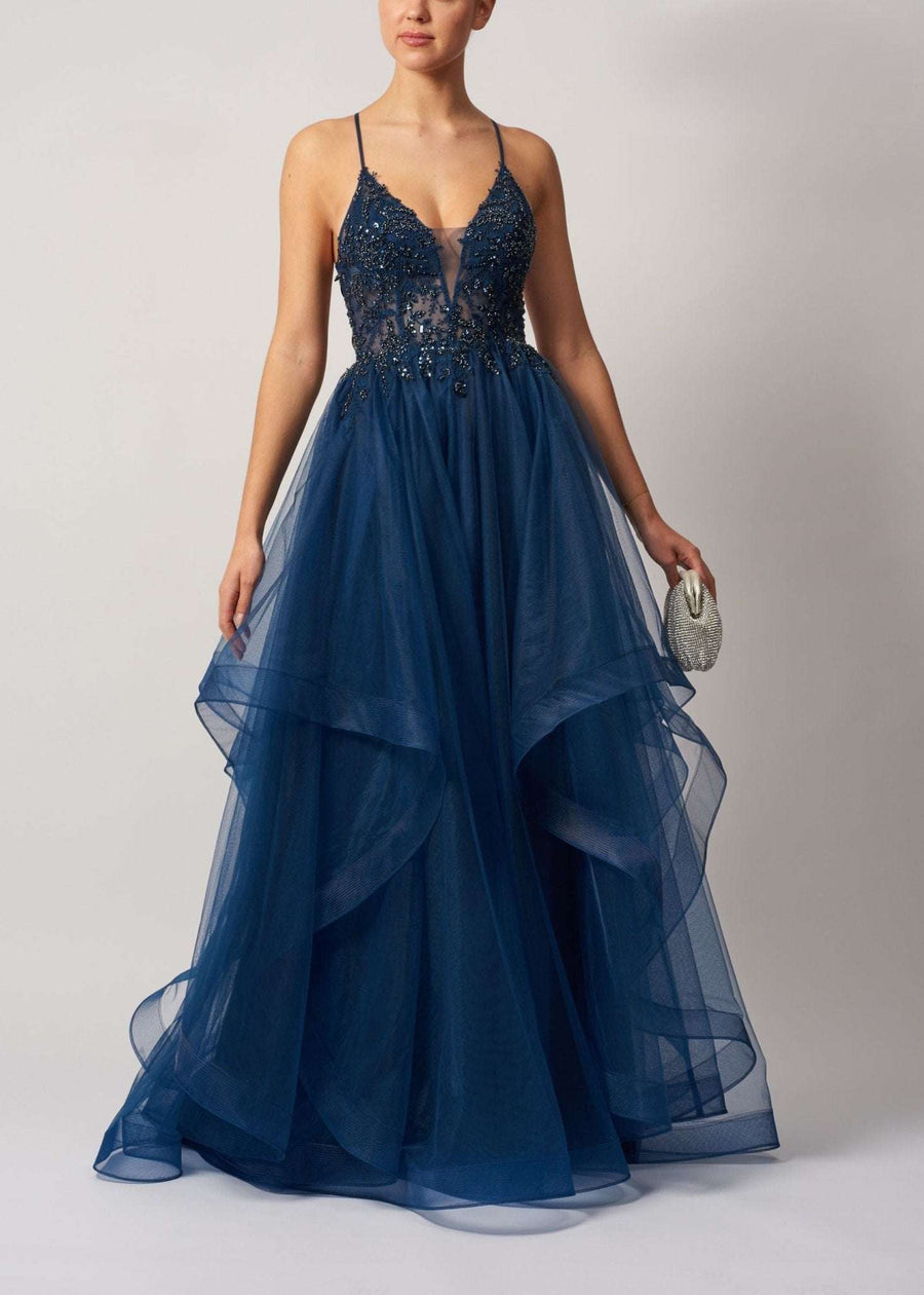 Navy Tulle Dress with embroidered corset bodice, V-neckline, and tiered skirt. Elegant evening gown ideal for prom or formal events.