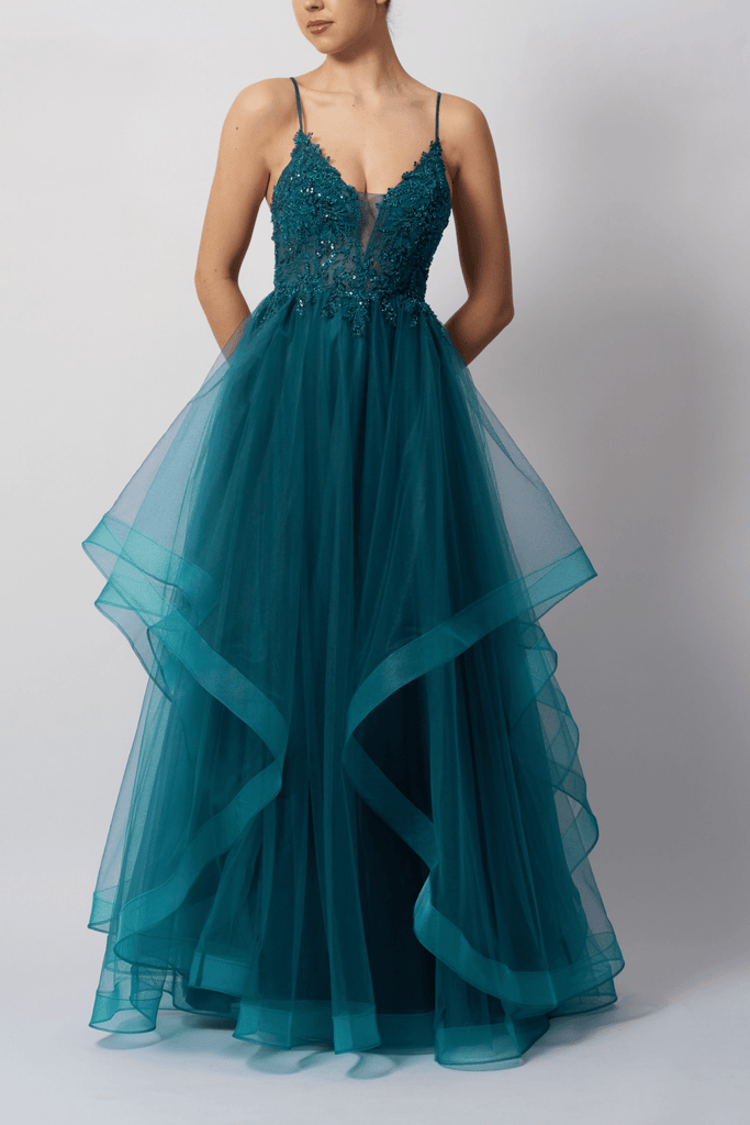 Petrol Blue Tulle Dress with tiered skirt and embroidered corset bodice, featuring a plunging neckline and open back design for prom or formal events.
