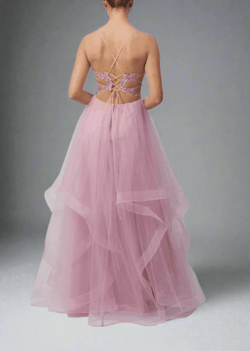 Back view of the Mascara Powder Blue Tiered Tulle Dress, featuring an open back with tie details and flowing tulle skirt.