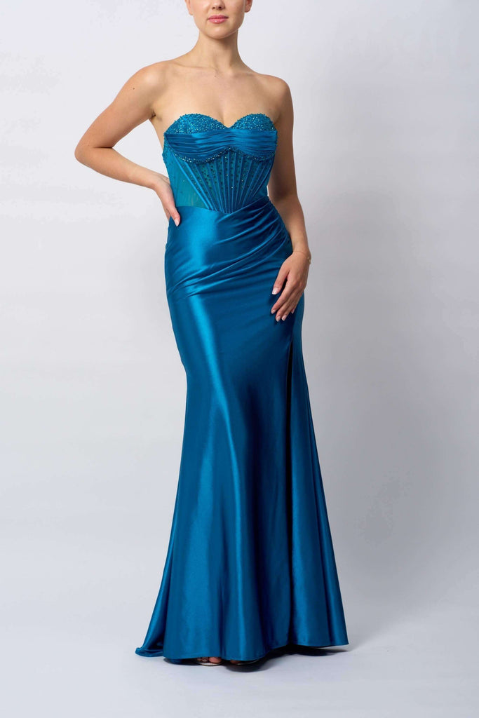 Mascara MC113423 BEADED BUST strapless teal prom dress with beaded bust, corset-style bodice, ruched waist, and floor-length satin skirt.