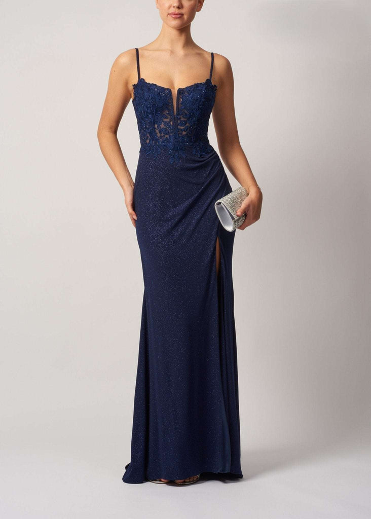 Mascara Glitter Prom Dress - Navy with lace bodice, thigh-high slit, and glitter finish. Elegant evening gown perfect for prom or red carpet events.