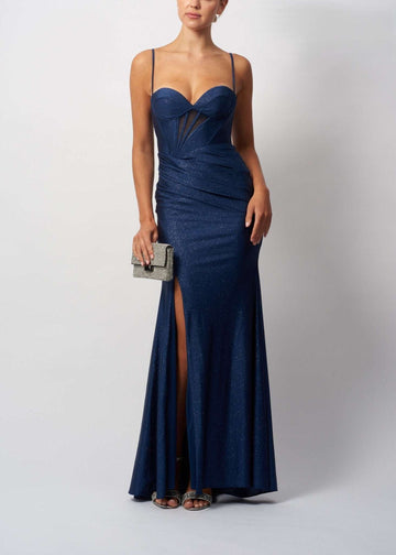 Prom Dress Mascara - Airforce Glitter in blue with a sweetheart neckline, thigh-high slit, and figure-hugging silhouette, ideal for black tie events.