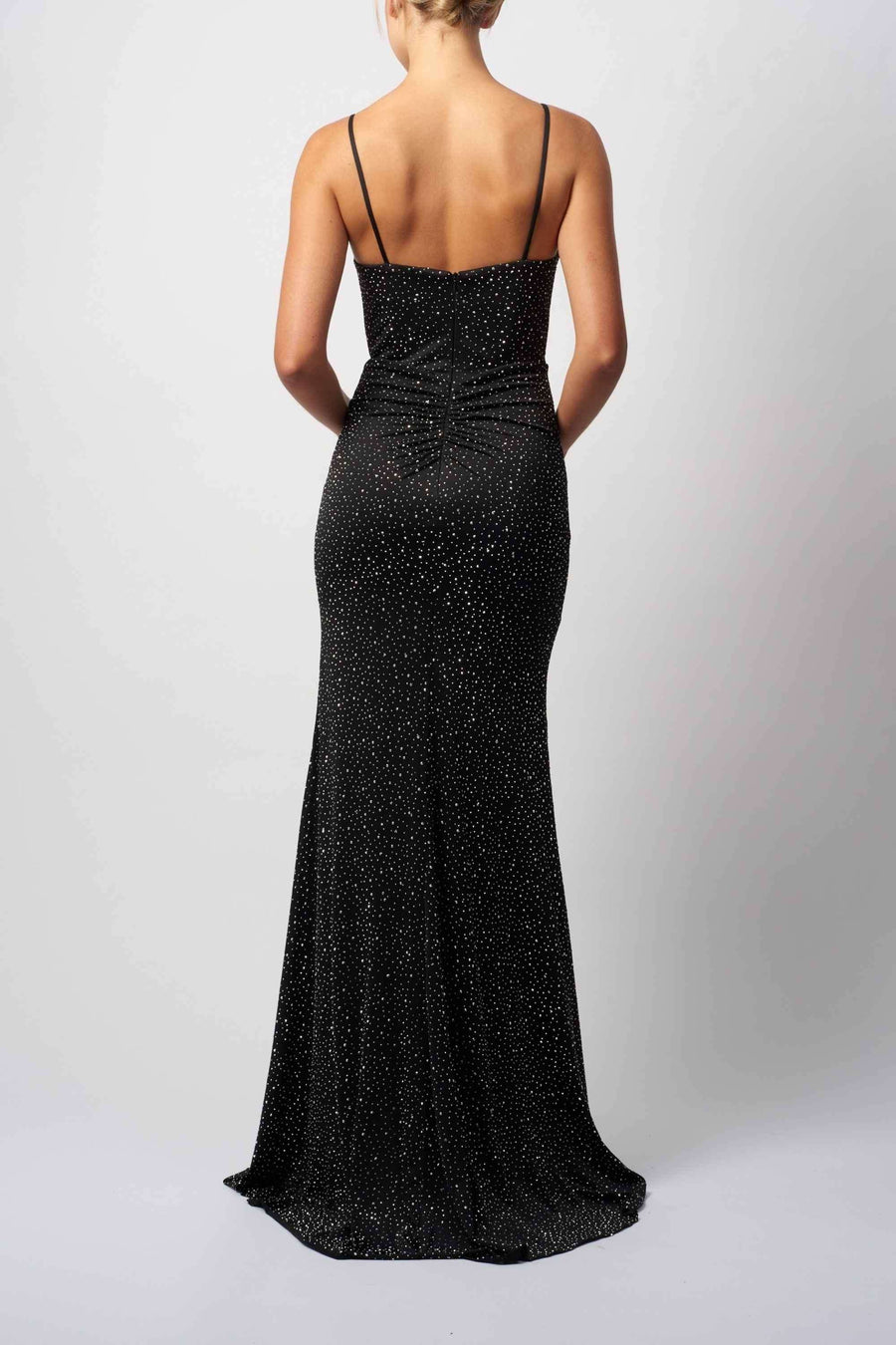 Back view of Mascara MC113438 STARGAZE JERSEY black tie long dress with glitter detail, perfect for prom or formal evening events.