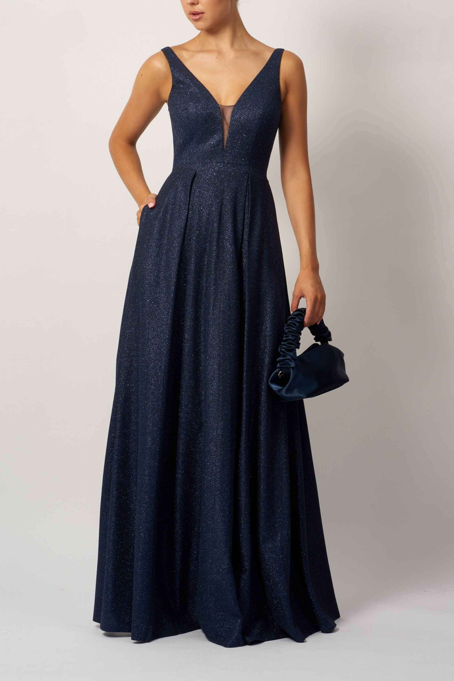 Navy blue Mascara London MC113441 Sparkle Evening Gown featuring a shimmering finish and elegant A-line silhouette for bridesmaids or formal wear.