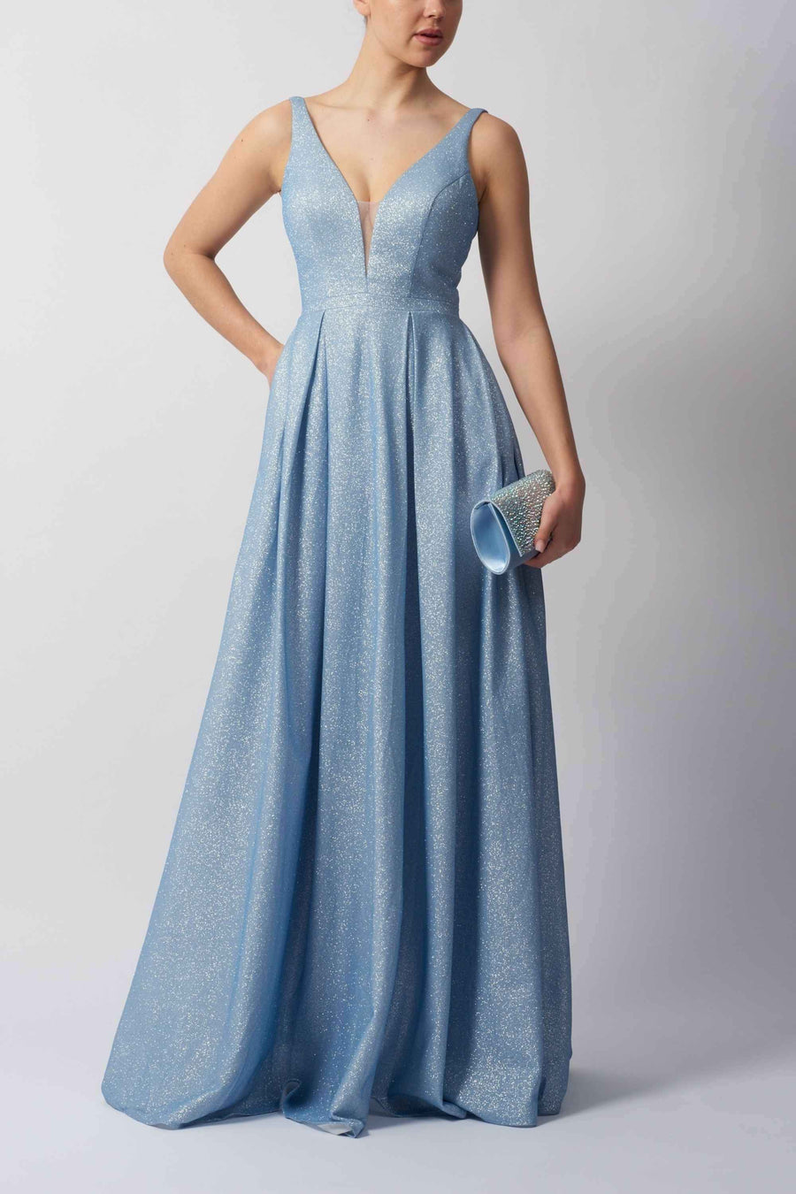 Light blue Mascara London MC113441 Sparkle Evening Gown with glittery fabric and plunging neckline, perfect for prom or special occasions.