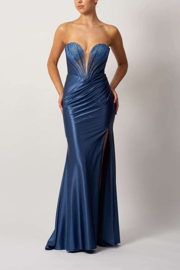 Strapless Plunge Dress - Mascara Prom Dress MC113443 in metallic blue with ruched waist, thigh-high slit, and flattering fit for formal events.