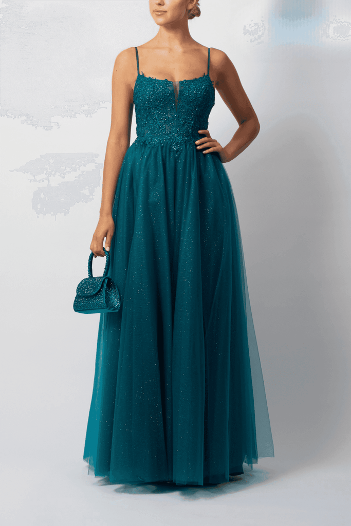 Mascara London Prom Dress in Forest Green with sequin-embellished bodice and tulle skirt. Elegant gown ideal for prom or black tie events.