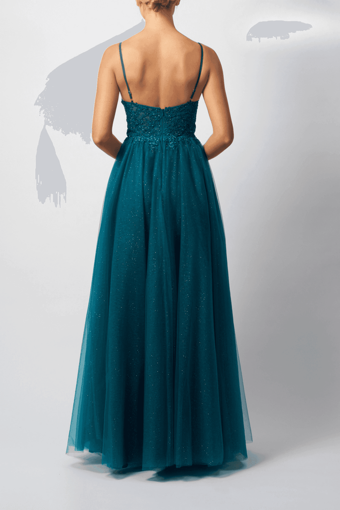 Mascara London Prom Dress - Green Forest Gown featuring a glitter tulle skirt and lace bodice with spaghetti straps, perfect for prom or black tie events.