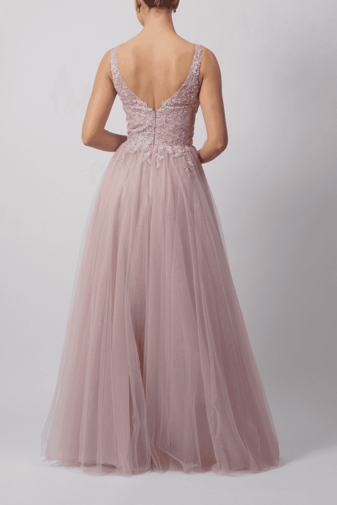 Back view of Mascara London MC11346 Navy V-Neck Tulle Ballgown featuring a deep V-back, lace bodice, and flowing glitter tulle skirt. Ideal for prom or evening wear.