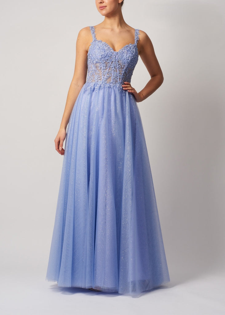 Mascara MC11347 Wisteria Embellished Tulle Prom Dress with glittery floral corset bodice and flowing tulle skirt, perfect for prom or formal events.