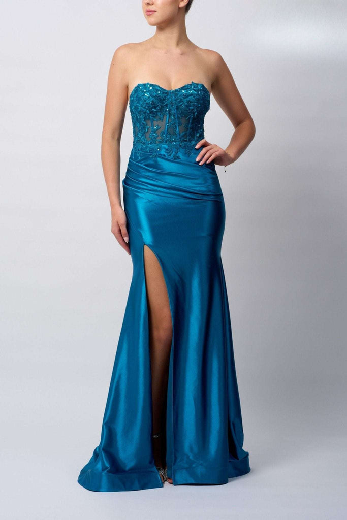 Mascara MC11421 Petrol Blue Beaded Embellished Prom Dress with strapless corset bodice, sequin detailing, and high leg split. Elegant 2025 prom gown.
