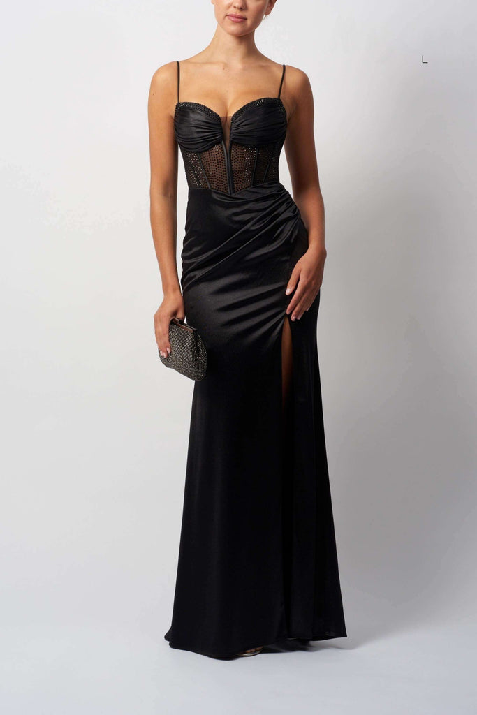 Mascara MC11434 HOT FIX Jersey black satin gown with sheer beaded corset top and thigh-high slit, perfect for formal evening occasions.