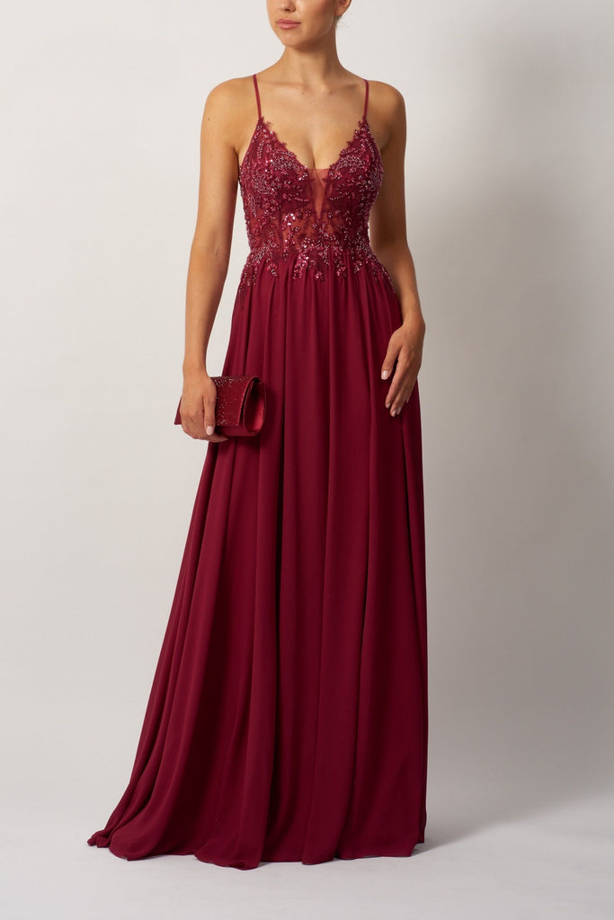 Mascara Chiffon Prom Dress in burgundy with sequin lace bodice and tie back design. Elegant fit for formal events and prom occasions.