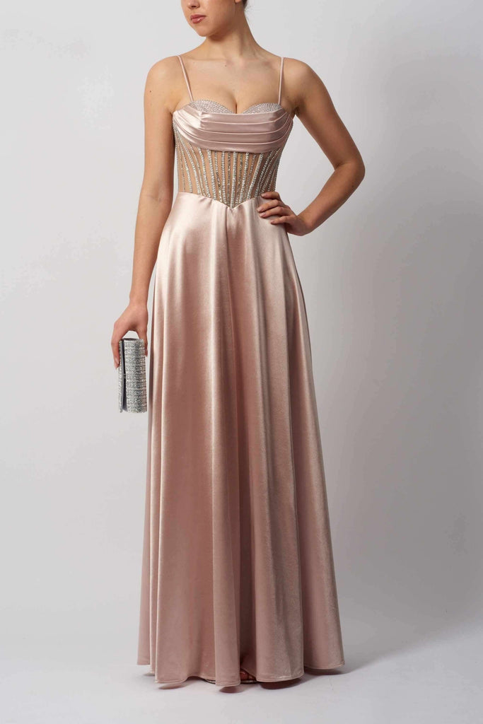 Mascara London MC11444 satin ballgown in blush pink with corset bodice and crystal accents, ideal for prom or bridesmaid wear.