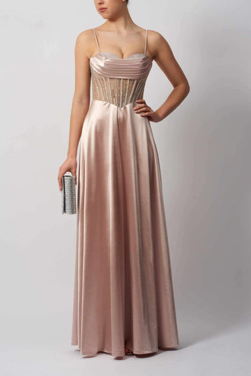 Mascara London MC11444 satin ballgown in blush pink with corset bodice and crystal accents, ideal for prom or bridesmaid wear.
