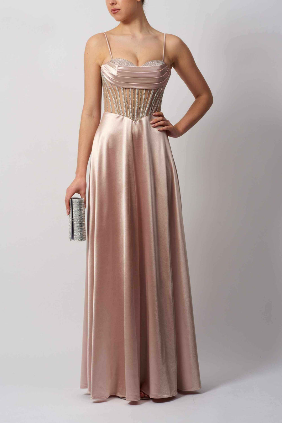 Mascara London MC11444 satin ballgown in blush pink with corset bodice and crystal accents, ideal for prom or bridesmaid wear.