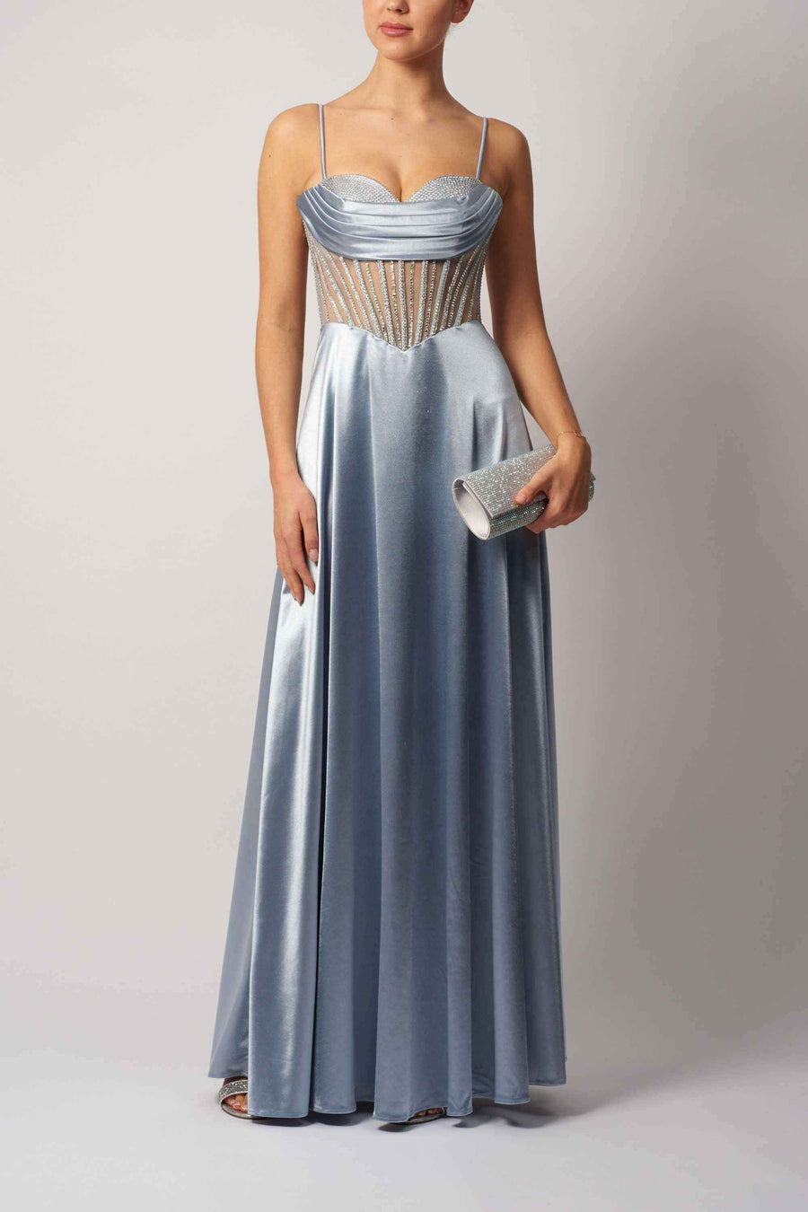Mascara London MC11444 ballgown in icy blue satin featuring a structured corset bodice with crystal detailing, perfect for evening events.