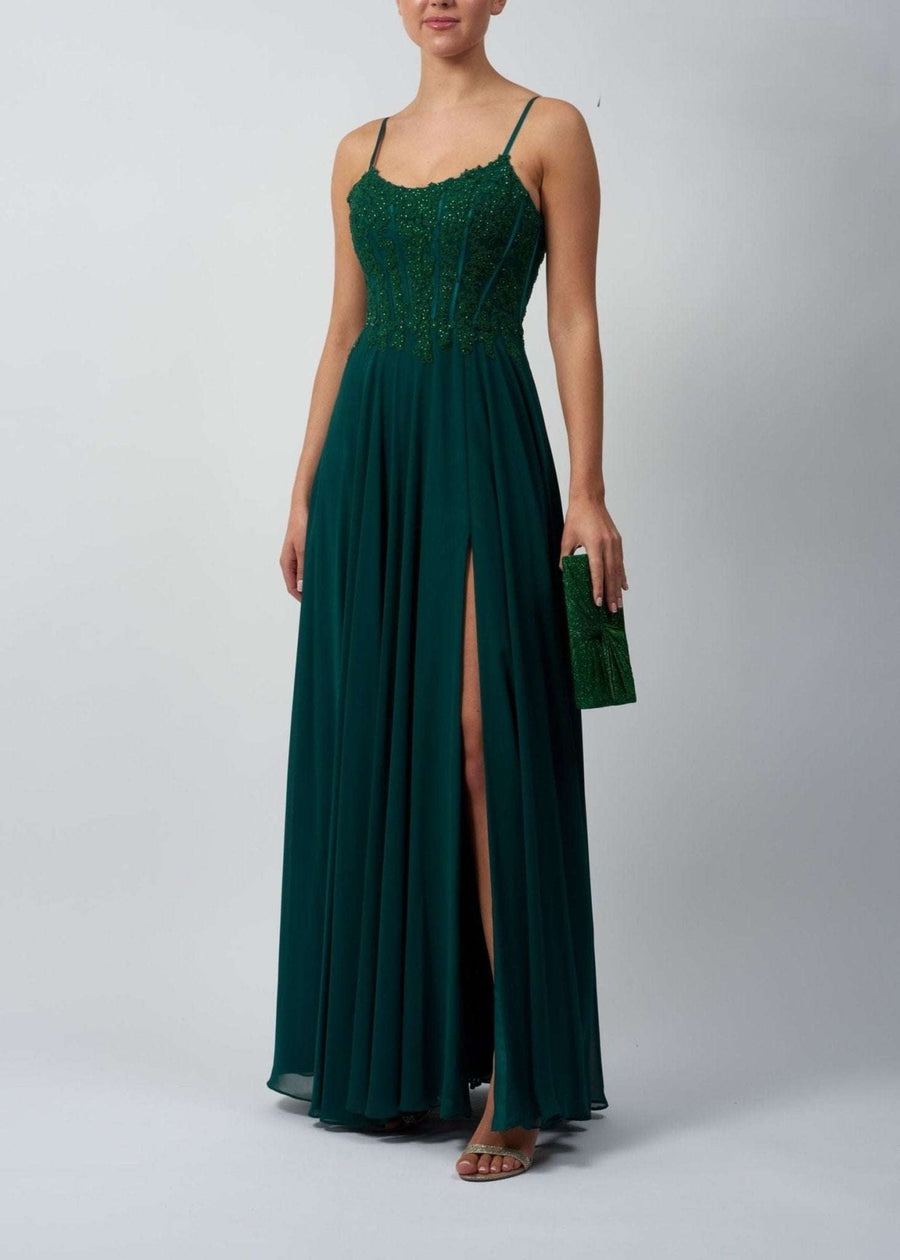 Forest Green Chiffon Gown by Mascara London featuring a luxury embellished corset bodice, tie back, and thigh-high slit for prom or bridesmaid wear.
