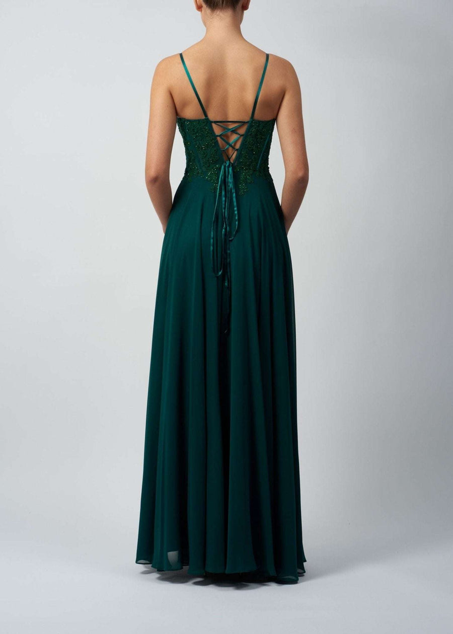 Forest Green Chiffon Gown by Mascara London featuring a luxury embellished corset and elegant tie-up back, perfect for prom or bridesmaid wear.