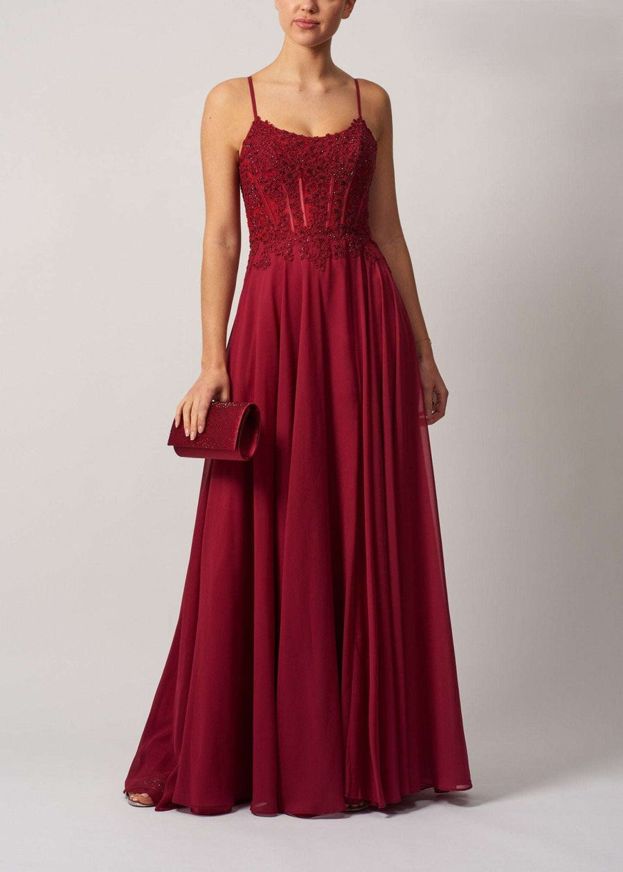 Mascara London MC119321 Gown in wine chiffon with embellished bodice and flowing skirt, ideal for bridesmaids or formal prom events.