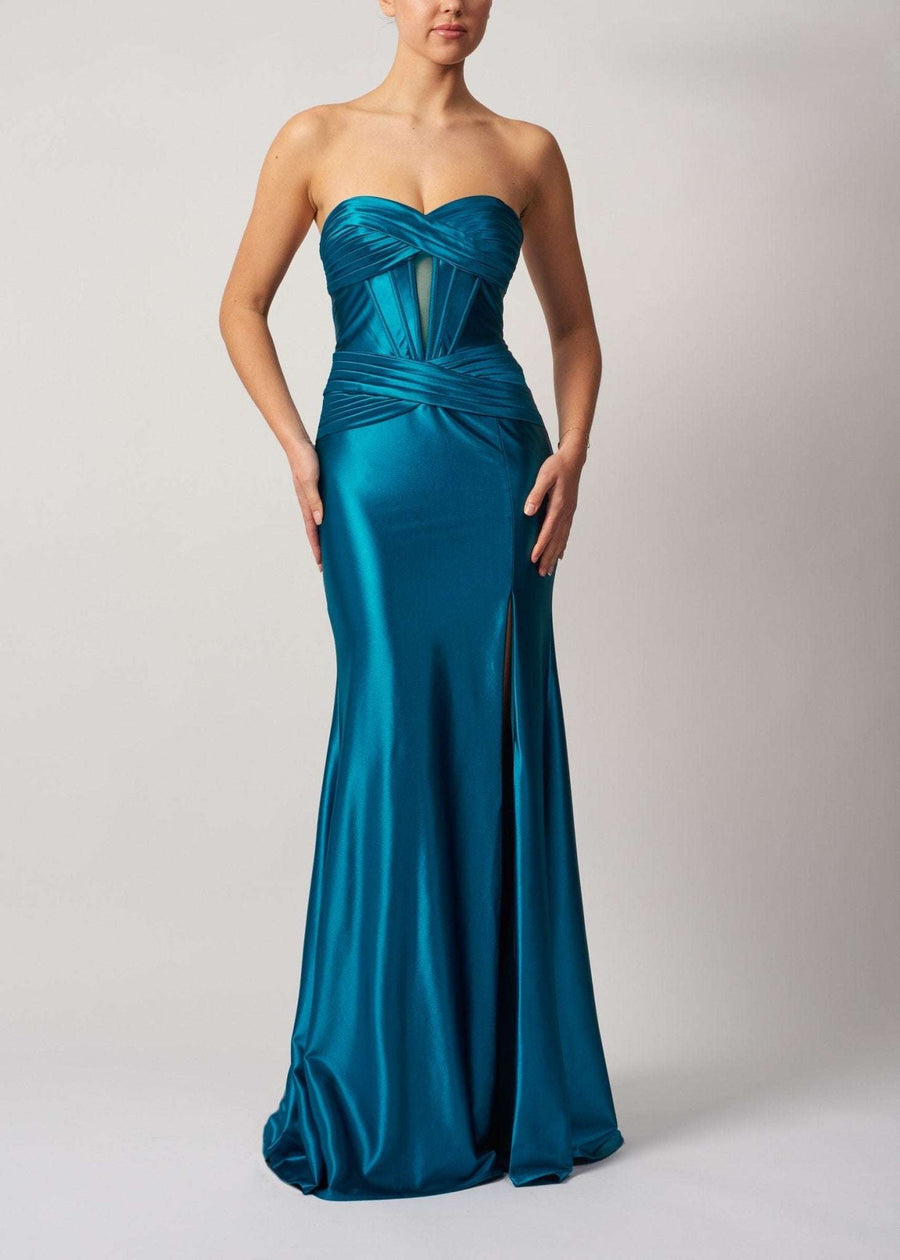 Mascara Petrol Satin Pleated Dress MC119421 features a strapless pleated bodice with mesh detailing and a floor-length satin skirt, ideal for prom 2025.