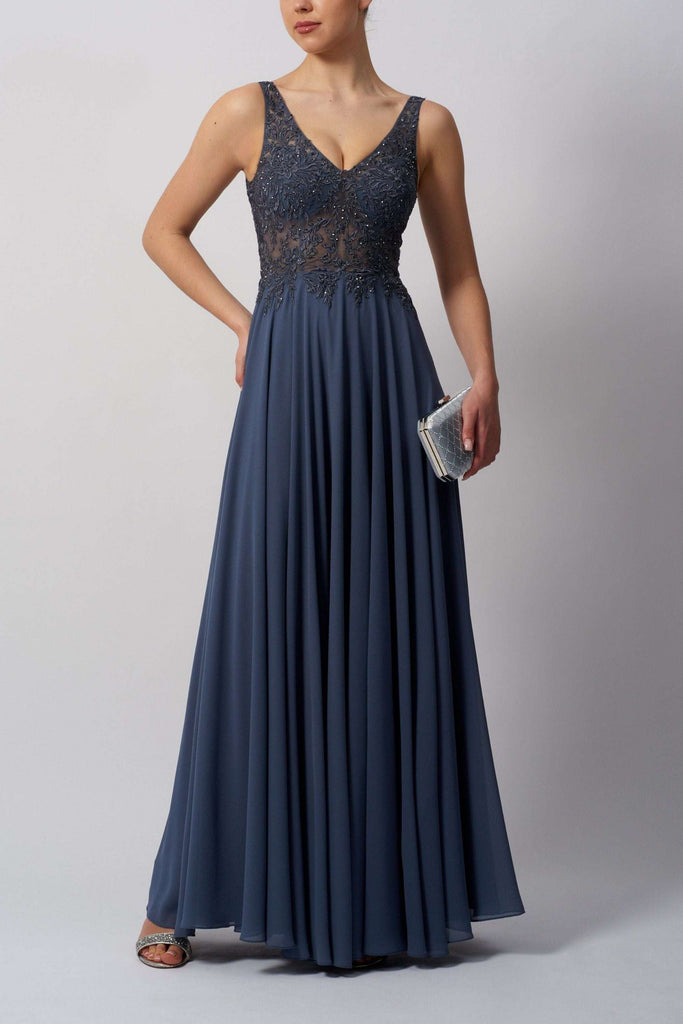 Maschara MC119441 Gown in chiffon featuring intricate embroidery and a flowing skirt, perfect for prom or evening events.