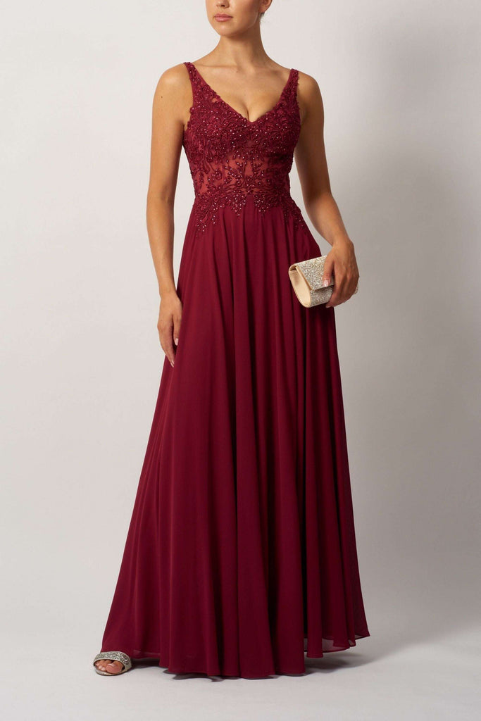 Berry Chiffon Gown with beaded bodice and A-line silhouette, ideal for elegant evening wear or bridesmaid occasions.