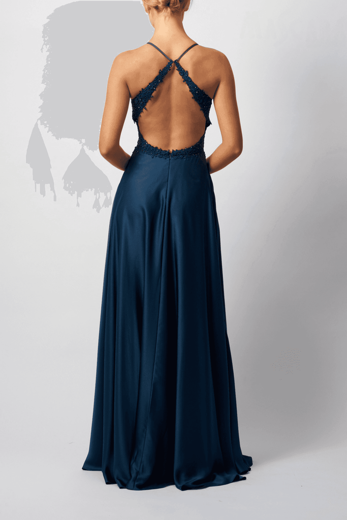 back version of model in satin airforce blue long evening gown