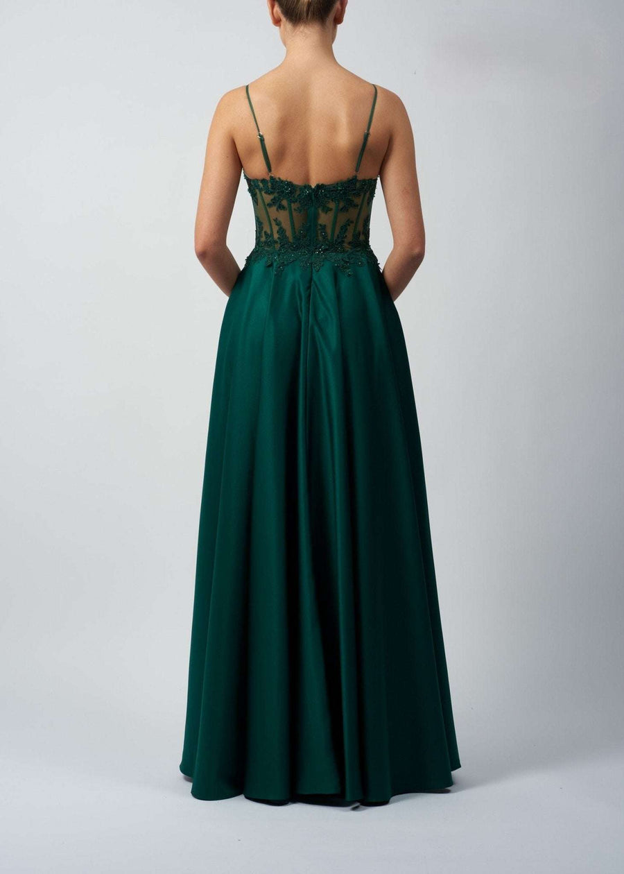 Back view of Mascara MC123216 Forest Green Satin Ballgown featuring sheer corset detail and flowing satin skirt. Ideal for prom or formal gala events.