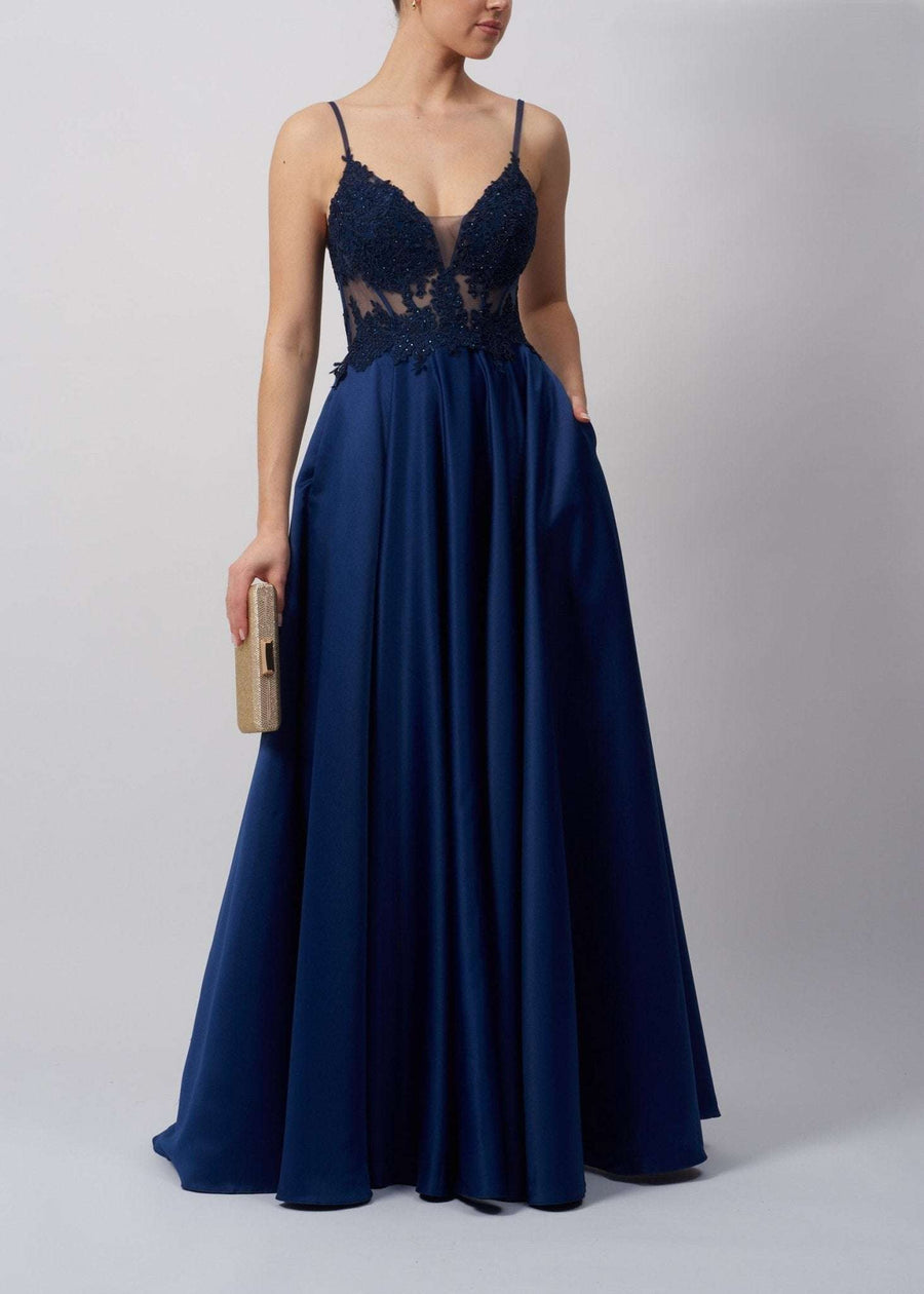 Mascara MC123216 Navy Satin Ballgown with Corset Detail Dress featuring a sheer embellished bodice and full satin skirt, ideal for black tie events.