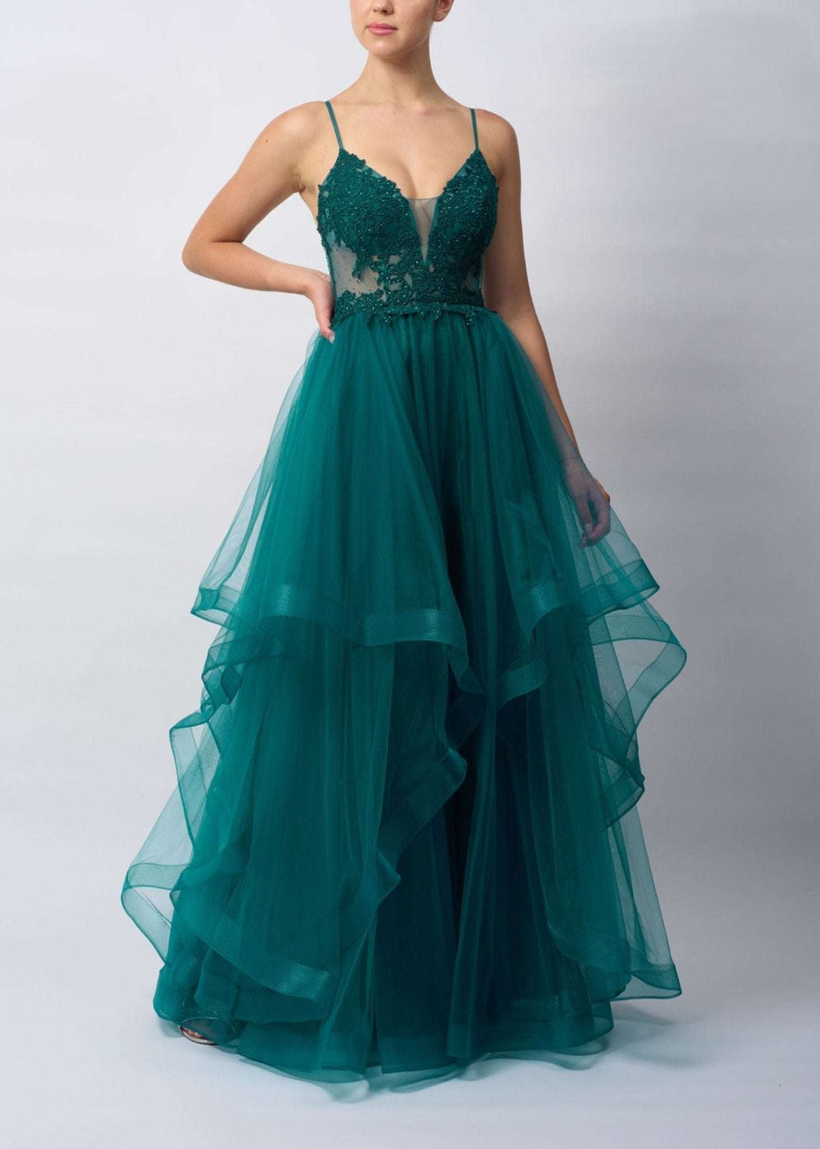 Mascara London Ballgown in forest green with lace bodice and layered tulle skirt, perfect for prom or red carpet elegance.