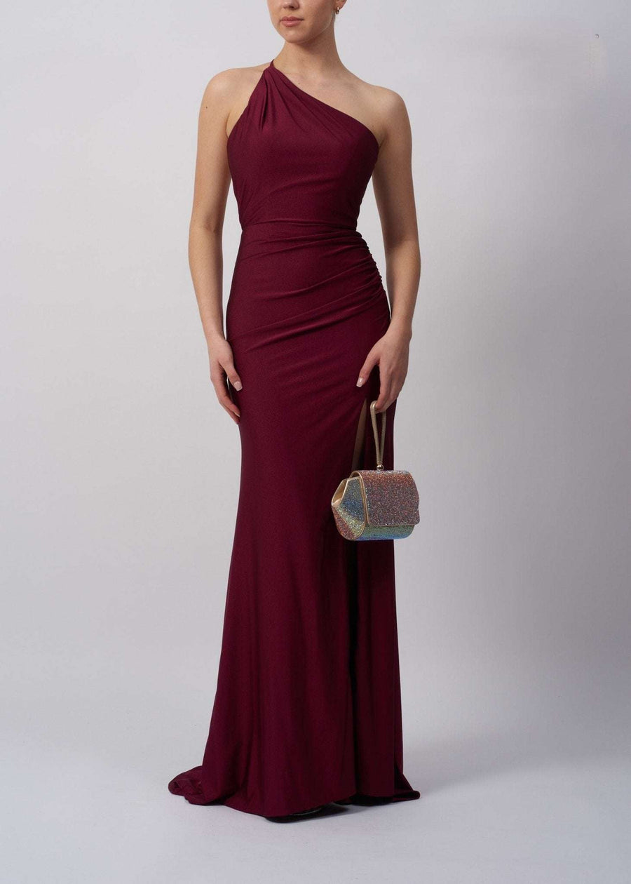 Wine Tie Back Dress MC12333 features a one-shoulder fitted design with elegant draping, ideal for formal events and bridesmaid occasions.