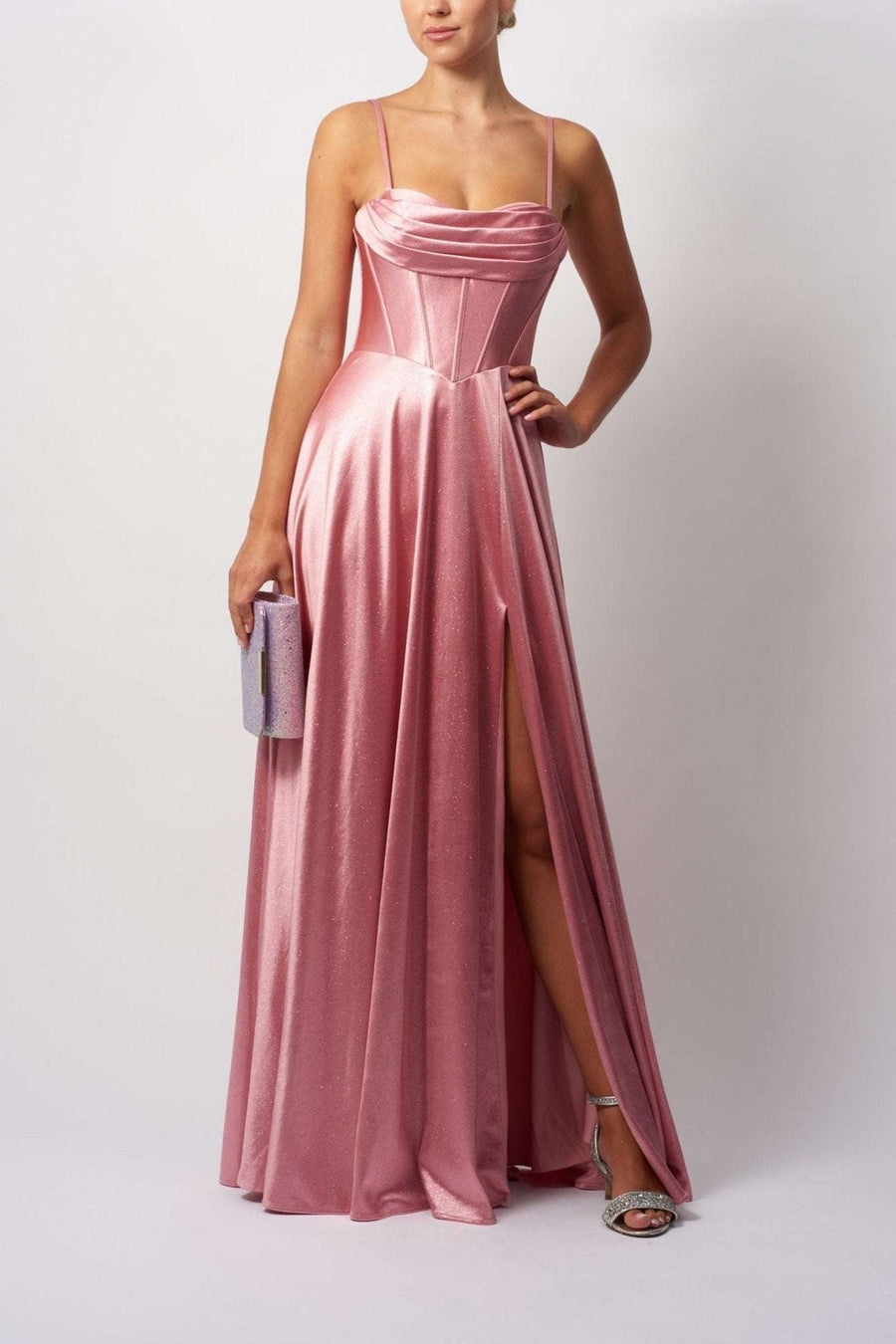 Pink version of Mascara London MC12338 Boned Drape Satin Ballgown with glitter satin fabric, high slit, and structured corset top, front view.