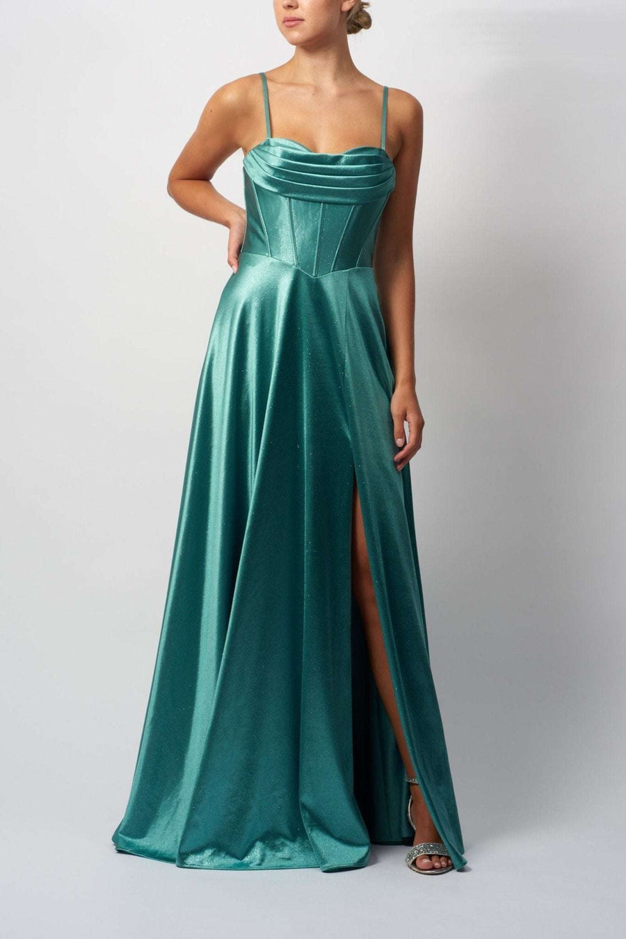 Teal variation of Mascara London MC12338 Boned Drape Satin Ballgown with thigh-high slit, cowl neckline, and corset bodice, front view.